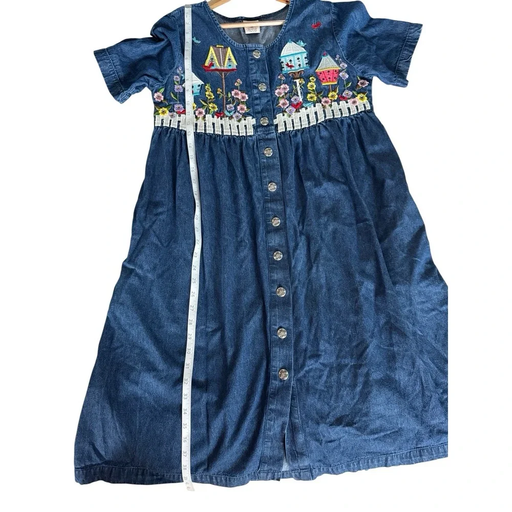 VTG Bechamel Grandmacore Farmcore Embroidered Chambray Button Up Dress Jean Sz M